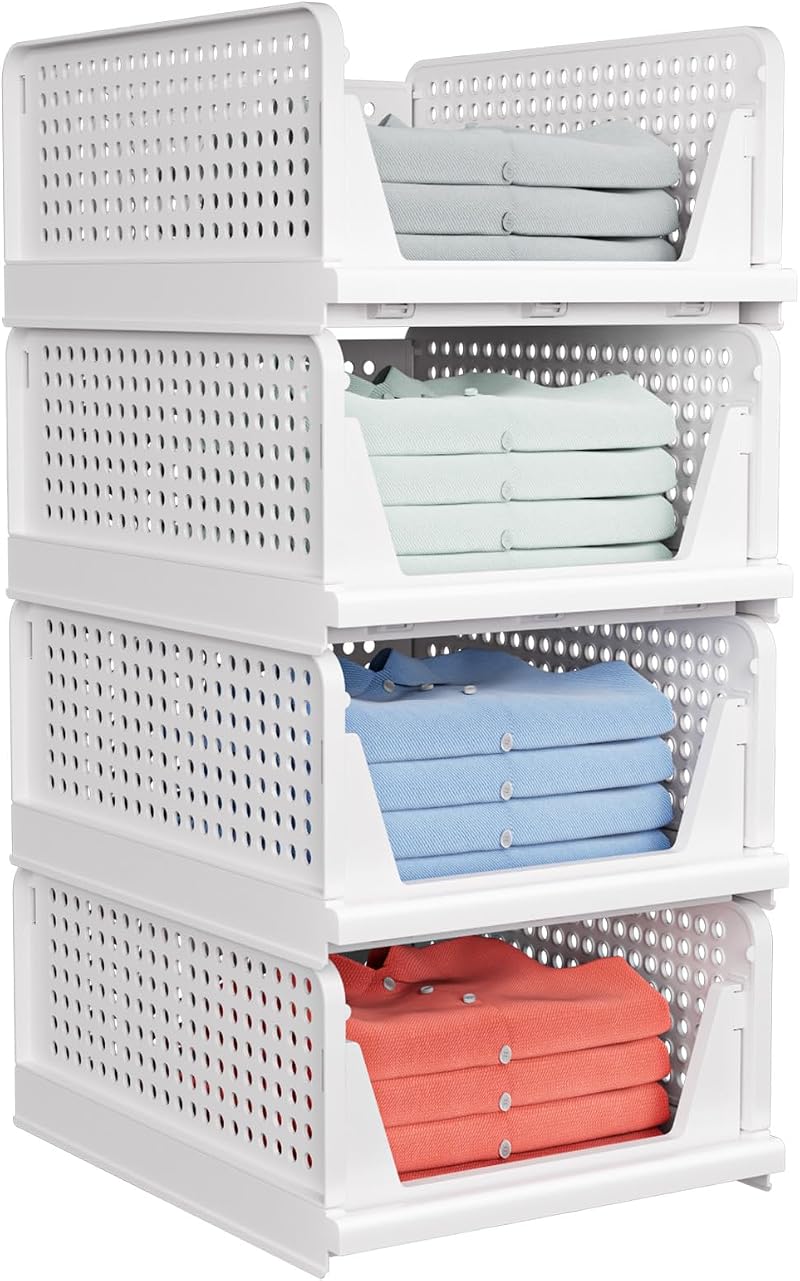caktraie 4 Pack Folding Closet Organizers Box Stackable Plastic Bins White