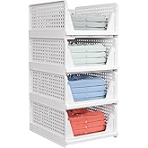 caktraie 4 Pack Stackable Closet Storage Basket - Stackable Storage Bins, Multifunctional & Foldable Closet Organizer Divided, Wardrobe Cupboard Space-Saving Clothes Storage Hat Organizer, White