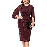 ZOMVA Womens Plus Size Mesh Cocktail Dress Petal 3/4 Sleeve Round Neck Wedding Guest Party Midi Dresses
