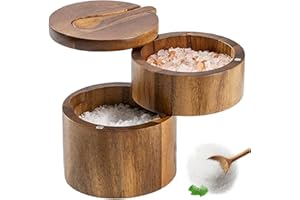 Salt Box with Swivel Lid & Spoon Double-Layer Wooden Salt Box with Lid Compact Stylish Cella with Magnetic Rotating for Spice
