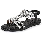 iCKER Women Rhinestone Sandals T-Strap Buckle Bohemian Pearl Crystal Flat Sandals