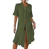 Bsubseach 2026 Cotton Beach Cover Up for Women - Long Button Down Swimsuit Coverup Bathing Suit Shirt Dress Vacation Outfits
