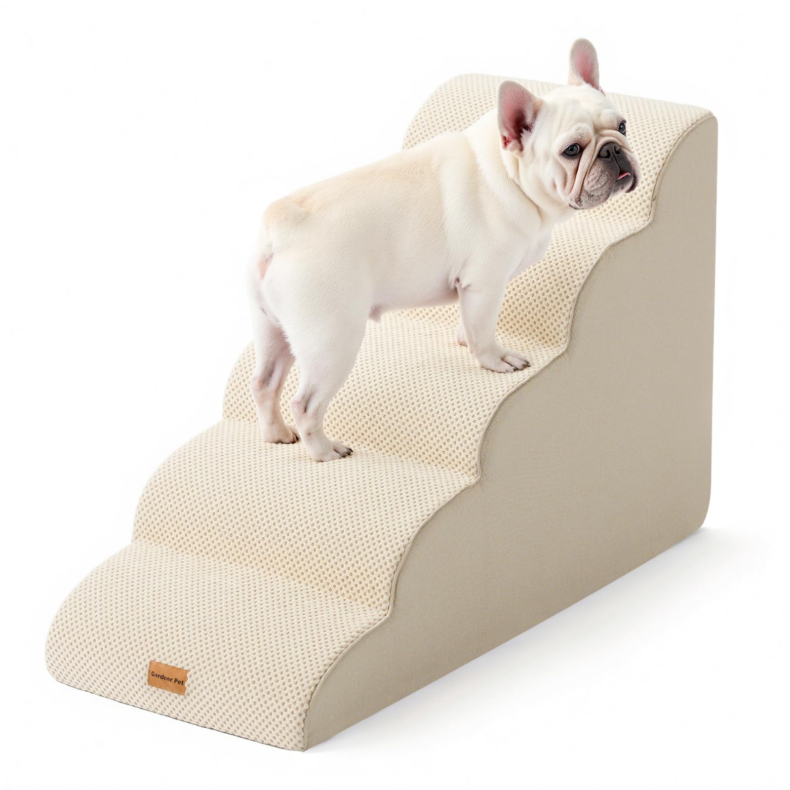 Photo 1 of Gardner Pet Dog Stairs for Small Dogs 22.8" H, 5-Step Beige Curved Pet Stairs, Dog Steps for High Bed, Couch (24-30 in) with Durable Non-Slip Waterproof Fabric Cover and CertiPUR-US Certified Foam