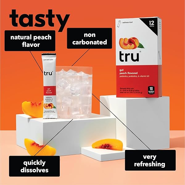 TRU GUT POWDER, PREBIOTICS AND PROBIOTICS FOR DIGESTIVE HEALTH, PEACH FLAVORED GUT HEALTH DRINK MIX WITH VITAMIN B3, SWEETENED WITH MONK FRUIT & STEVIA, CAFFEINE FREE, GLUTEN FREE, VEGAN, 12 PACKETS