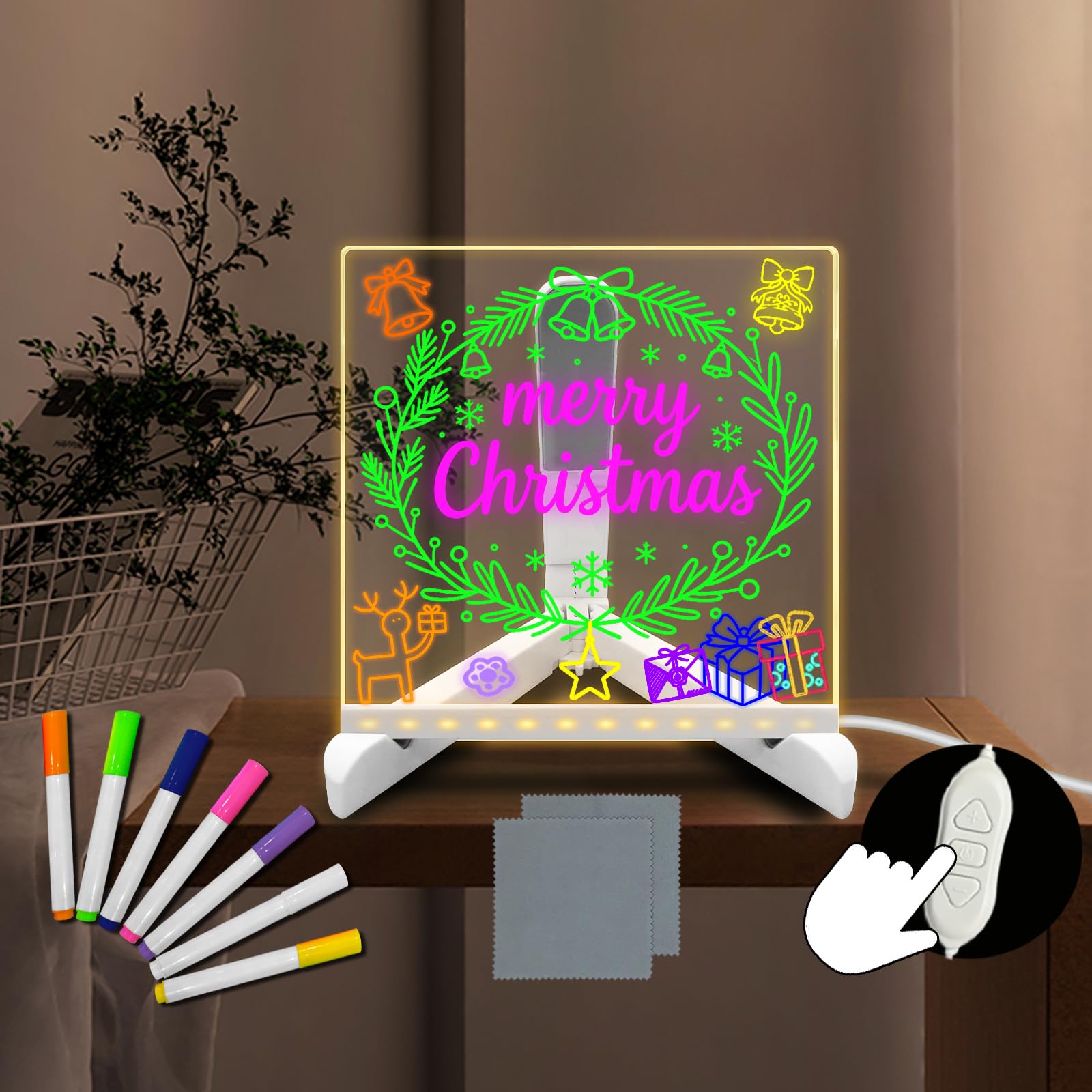 Yan-tech Acrylic Dry Erase Board with Stand Led Note Board with Colors Handwriting Transparent Message Board 5.91 * 5.91IN LED Drawing Board Doodle USB Powered Bedside Lamp for Office Home Decor