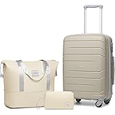 LARVENDER 3-Piece Carry On Luggage Set for Women,Hard Shell Suitcase 20Inch Carry On Luggage 22x14x9 Airline Approved, Spinner Wheel and TSA Lock（Sand 20Inch/DB/TB）