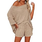 Mafulus Women's 2 Piece Outfits Sweater Sets Off Shoulder Knit Top Shorts Matching Suits Cute Pajama Lounge Set