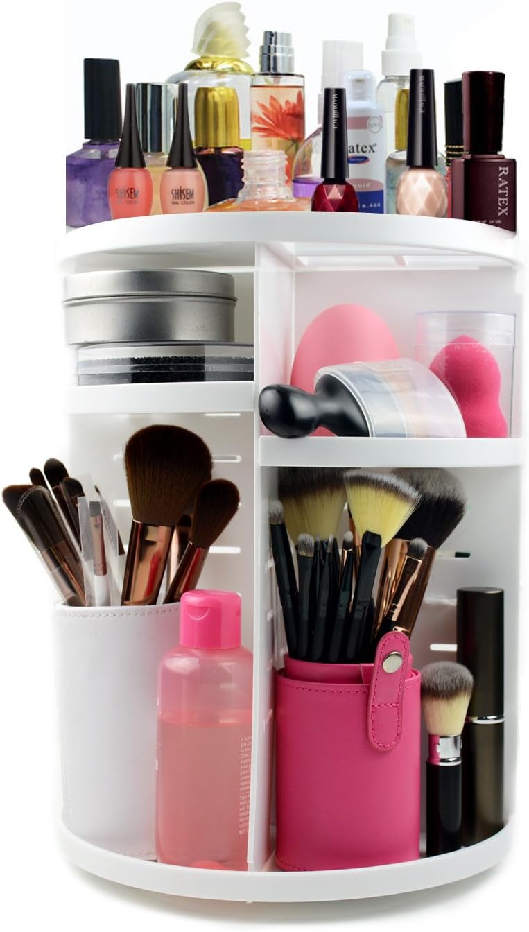 COLOR CLEANER Rotating Makeup Organizer 360 Degree Rotation Adjustable Detachable Cosmetic Storage DIY Spinning Make Up Holder Display Case for Countertop, Large Capacity, White
