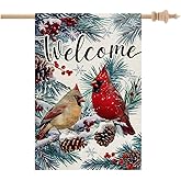 CROWNED BEAUTY Winter Cardinal House Flag 28x40 Inch Double Sided Large Welcome Burlap Holiday Yard Decoration for Outside CF1658-40