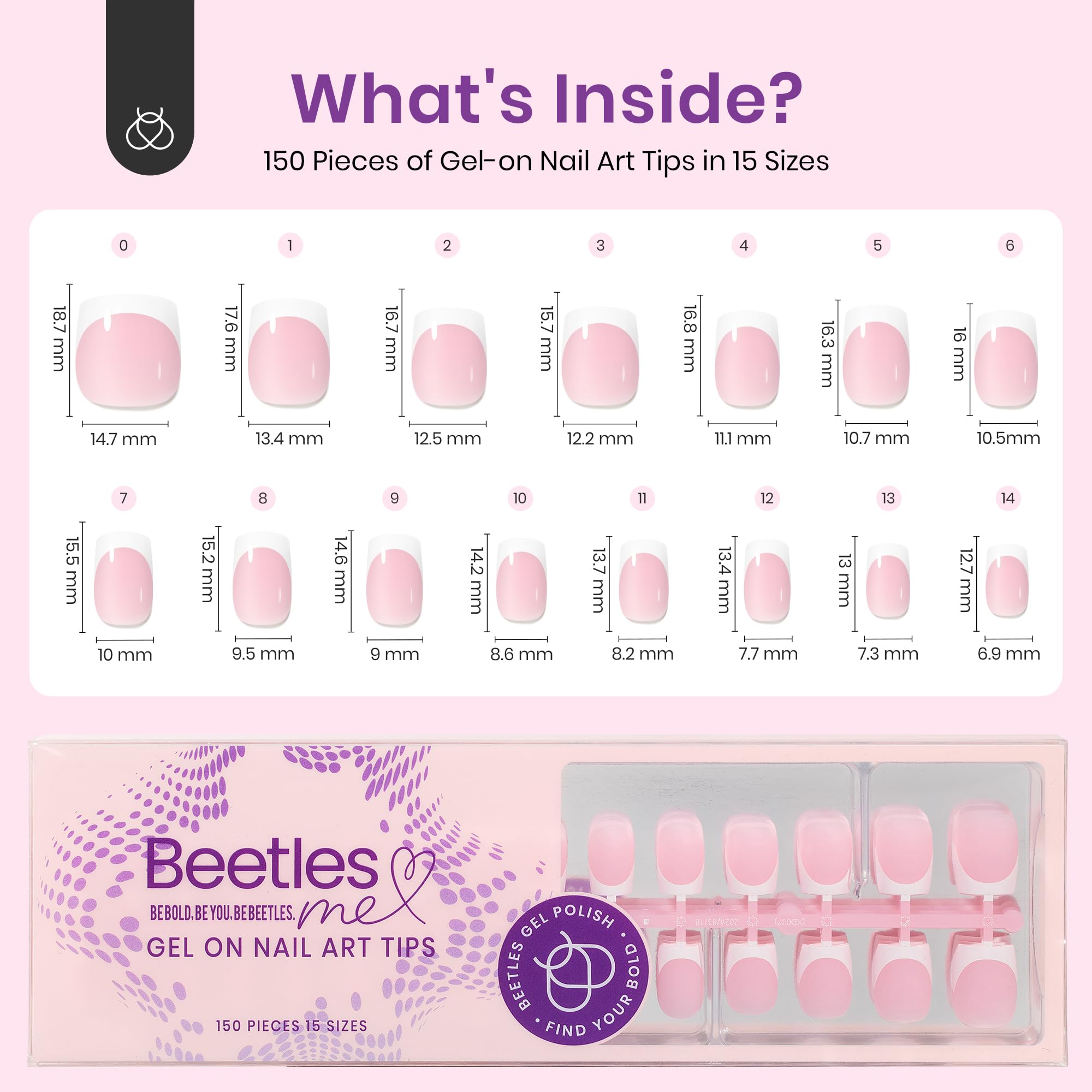 Beetles French Tip Press On Nails: 150 Pcs Pink Short Square Press On Nails 4 in 1 Nail Tips, Pre-Applied Primer & Base Coat, No File Need DIY Manicure for Nail Extension Gifts for Women - Image 6