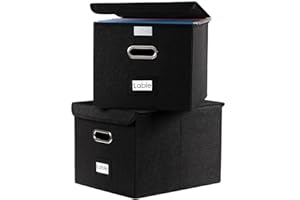 PRANDOM File Organizer Box - Set of 2 Collapsible Decorative Linen Filing Storage Hanging File Folders with Lids Office Cabinet Letter Size Black (15x12.2x10.75 inch)