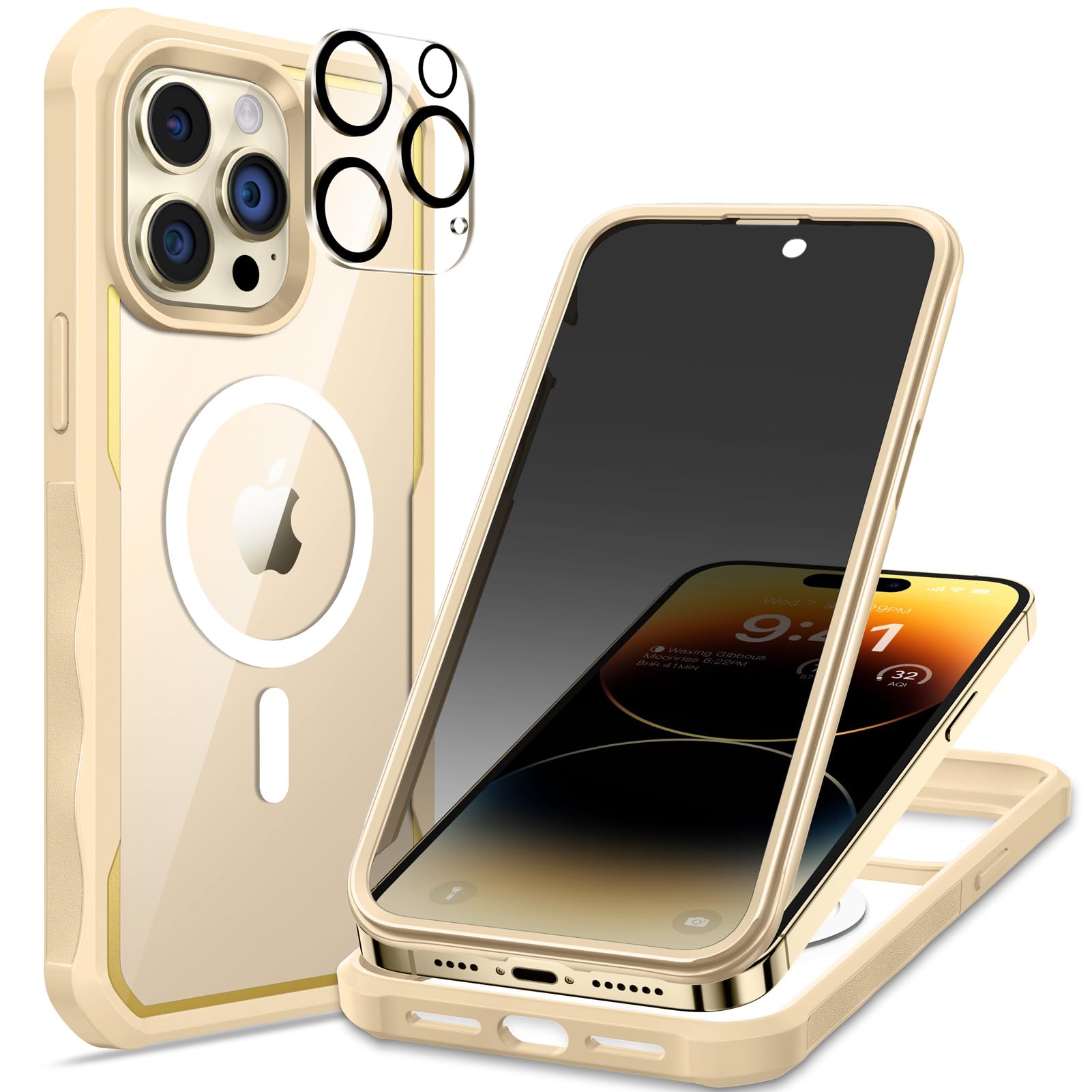 Photo 1 of seacosmo for iPhone 14 Pro Max Case, Full Body Bumper with Built-in 9H Tempered Glass Privacy Screen Protector and Camera Lens Protector, Compatible with MagSafe, Shockproof Phone Case, 6.7", Gold
