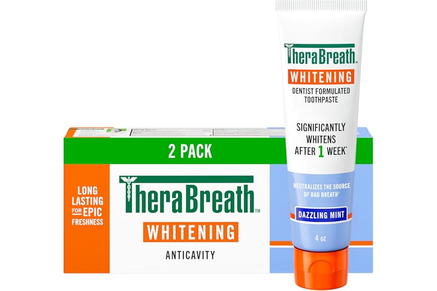 TheraBreath Whitening Toothpaste, Gentle Peroxide-Free Teeth Whitening in 1 Week (3), with Fluoride for Anticavity Protection, Dazzling Mint, 4 Oz, 2-Pack