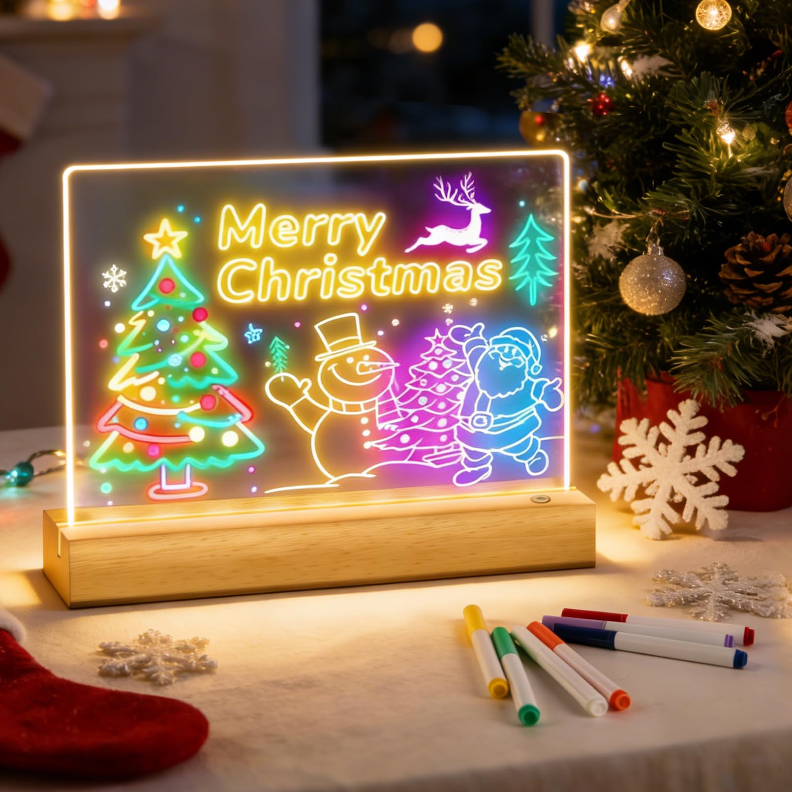 Photo 1 of **MISSING POWER CABLE*** LED Acrylic Message Board 11.8"x7.9" Light-Up Dry Erase Board - Rechargeable Glowing Memo Board with Stand, 7 Color Markers & USB Cable for Office School Home Decor