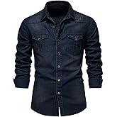 Kissonic Mens Denim Shirt Long Sleeve Slim Fit Jean Shirt for Men Button Down Causal Striped Denim Shirts