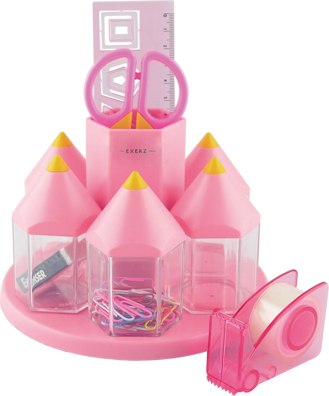 EXERZ Rotary Desk Organiser Pen Tidy Set with 5 Accessory Boxes -with Safety Scissors (NOT Sharp), Ruler, Tape Dispenser, Eraser, Clips (Pink)