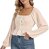 Rooscier Women's Square Neck Lantern Long Sleeve Shirred Waist Ruffle Peplum Crop Top Blouse