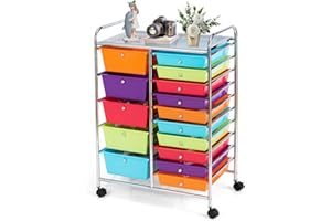 DREAMADE Rolling Cart with 15 Drawers, Rolling Drawer Organizer Cart w/Lockable Wheels, Removable & 2-Sized Storage Drawers, Art Cart for School Home Art Supplies Crafts File Scrapbook (Multi-color)