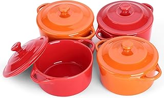 LIFVER Auflaufform Klein 200ml, Souffle Förmchen, Auflaufförmchen mit Deckel Pozellan, Creme Brulee Set, Creme Brulee Schalchen, Suppentassen, Dip Schalen, Kirsche Red und Orange, 4 Stück