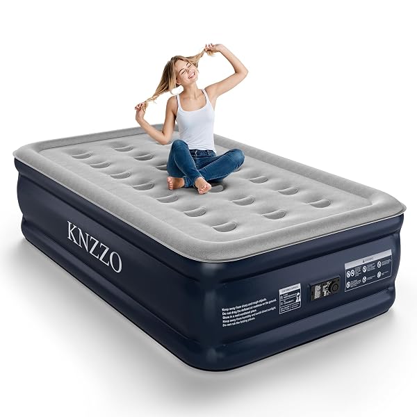 KNZZO TWIN AIR MATTRESS WITH BUILT-IN PUMP, 18″ TOP INFLATABLE MATTRESS WITH WATERPROOF FLOCKING FABRIC, THREE-MINUTE QUICK-INFLATABLE BED. PORTABLE BLOW UP MATTRESS FOR HOME, OUTDOOR AND GUESTS