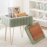 Wimarsbon Faux Mink Fur Storage Ottoman, Modern Soft Footstool, Storage Bench with Metal Legs, Vanity Seat, Fur Stool, Ottoman Coffee Table, Makeup Chair, Vanity Stools for Bedroom (Light Green)
