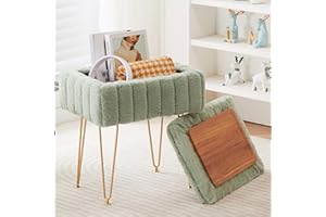 Wimarsbon Faux Mink Fur Storage Ottoman, Modern Soft Footstool, Storage Bench with Metal Legs, Vanity Seat, Fur Stool, Ottoman Coffee Table, Makeup Chair, Vanity Stools for Bedroom (Light Green)