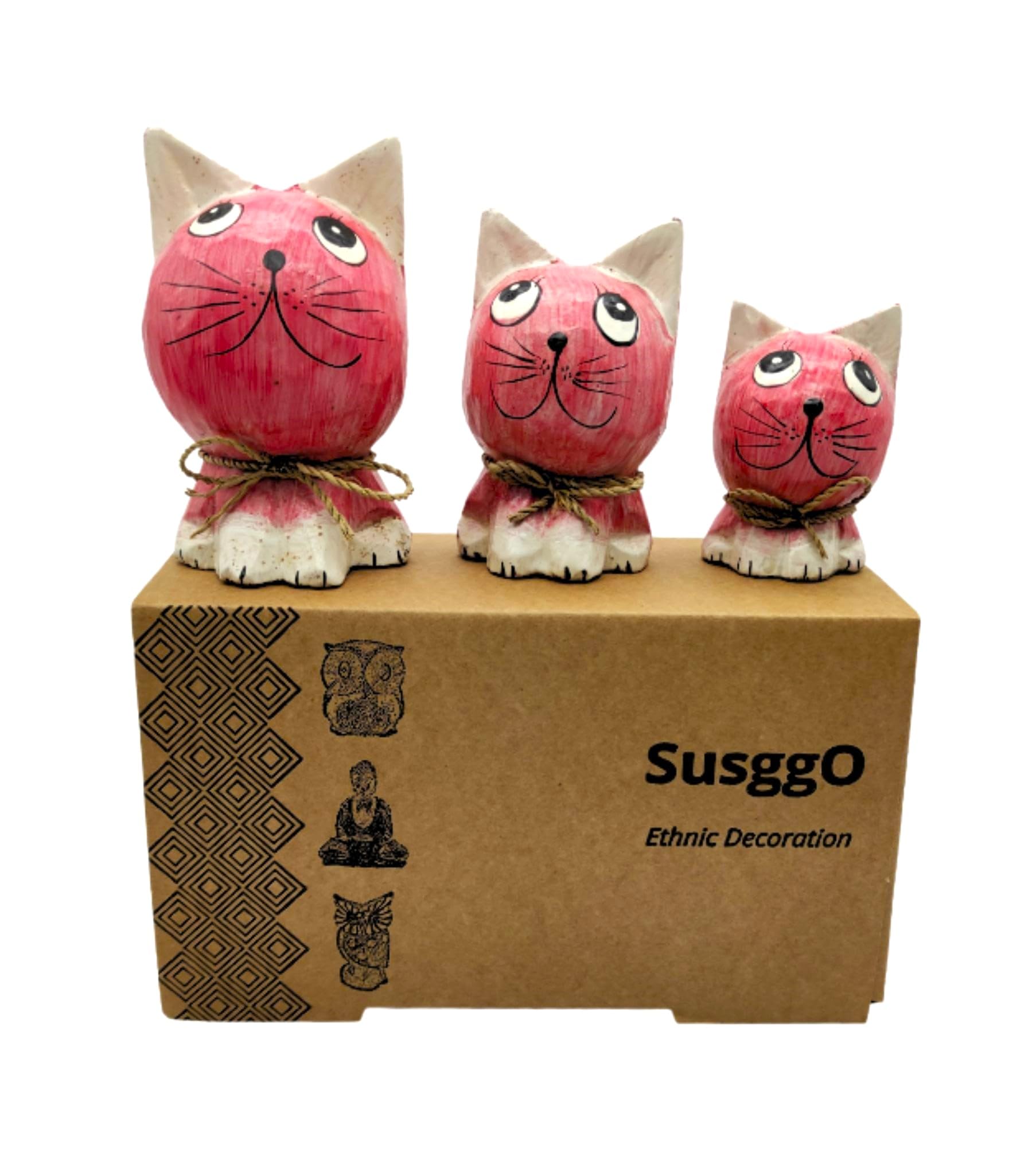 SusggO Set of 3 Wooden Cats, Handmade Figurines, Decorative Cats, Hand-Carved Lucky Cat Ornament Furniture