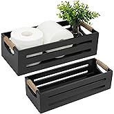 LotFancy Bathroom Decor Box, 2 Pack Toilet Tank Topper Basket, Wooden Bathroom Basket, Back of Toilet Storage Basket, Black Farmhouse Toilet Paper Holder