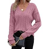 SHEWIN Womens Sweaters Casual V Neck Long Sleeve Cable Knit Crochet Sweater Spring Outfits for Women 2026