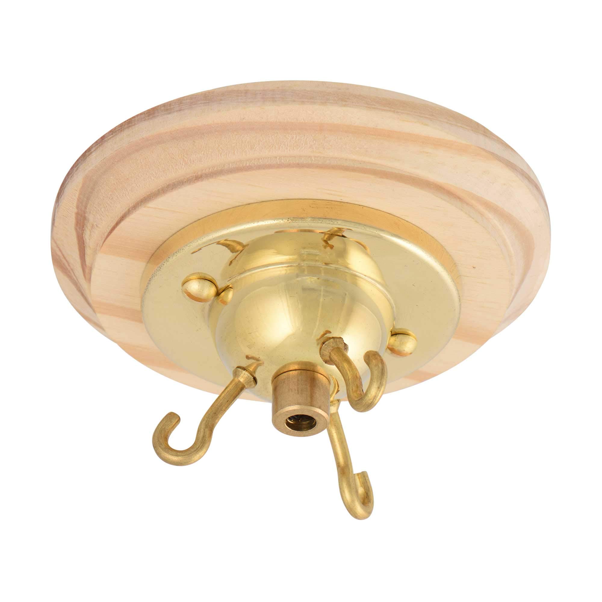 ElekTek 3 Hook Ceiling Rose Kit with Matching Screws Cord Grip and Wood Ceiling Pattress Brass