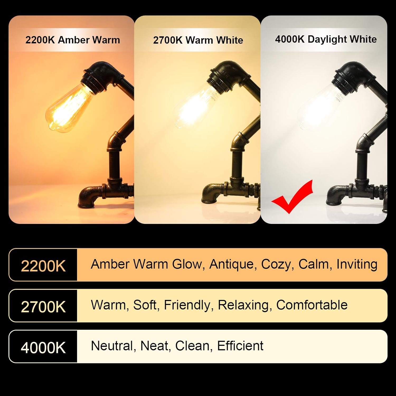 Ascher Vintage LED Edison Bulbs, 6W, Equivalent 60W, High Brightness Daylight White 4000K, ST58 Antique LED Filament Bulbs, E26 Medium Base, Non Dimmable, Clear Glass, Pack of 6 - - 