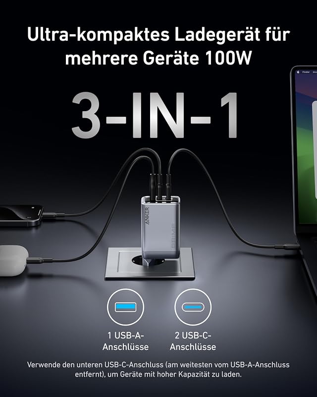 Prime 100W USB C Ladegerät, 3 Port GaN Schnellladegerät