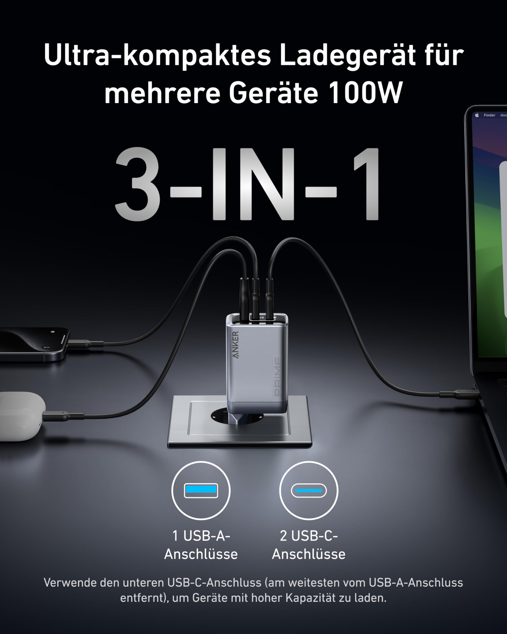 Anker Prime Ladegerät, 100W USB C Ladegerät, 3 Port GaN faltbares und kompaktes Anker Wandladegerät, für MacBook, iPad, iPhone Modelle iPhone 17/16/15 Series, Galaxy S24/S23 und mehr 2