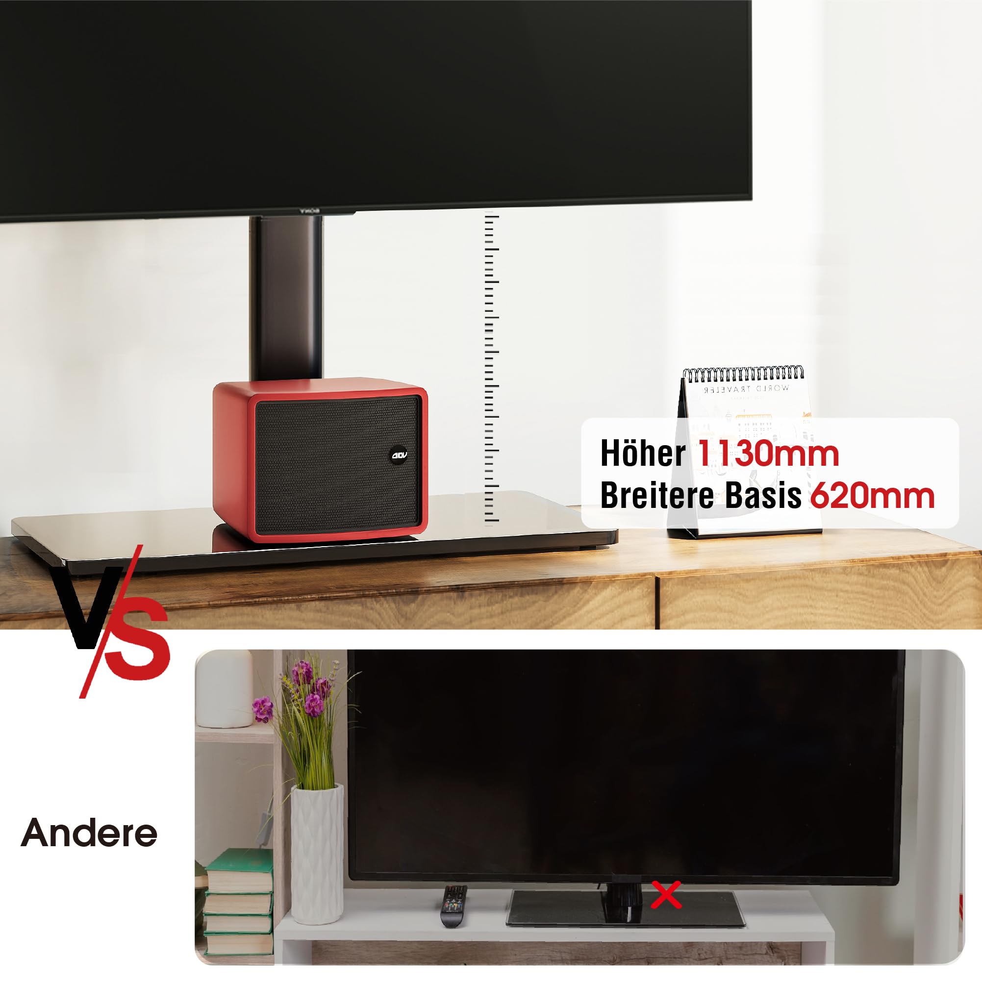 AOKCOS TV Standfuss TV Ständer Höhe 1130mm für 43-75 85 Zoll Fernseher, Neigbar Schwenkbar Höhenverstellbar Fernsehständer, Universal TV Standfüße Standfuss Max VESA 600x400mm 50KG (Schwarz) 6