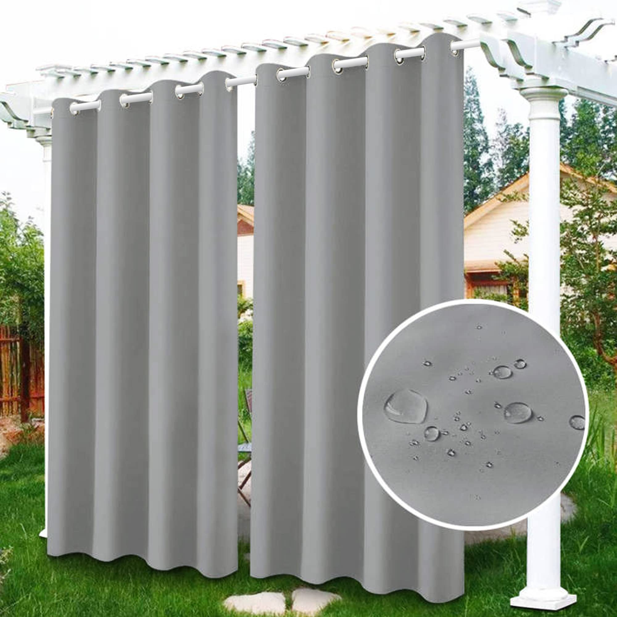 Famibay Outdoor Curtains for Gazebo Pergola Waterproof Thermal Insulated Outdoor Gazebo Curtains Eyelet Top Pergola Curtain Blackout Sunshade Grey Privacy Curtain for Garden Patio Porch