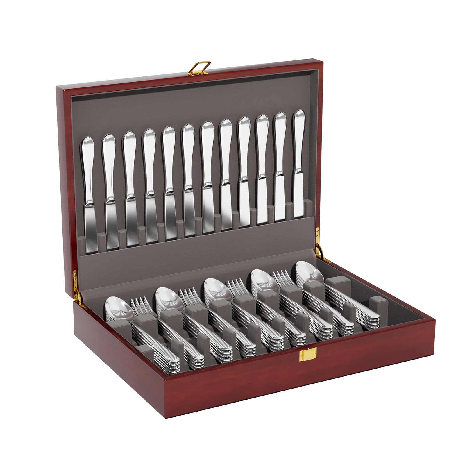Photo 1 of Mahogany Wood Silverware Storage Box,Silverware Case Flatware Chest with Felt Lined,Flatware Storage Box for 12 sets of Utensils,Silverware Chest without Silverware,Silverware Organizer with Lid