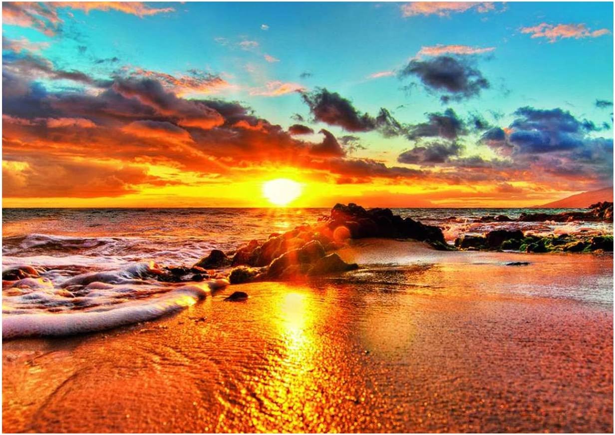 Blxecky DIY 5D Diamond Painting by Number Kit for Adult, Full Drill Diamond Embroidery Dotz Kit Home Wall Decor-Sunset by The sea(30X40CM/12X16inch)