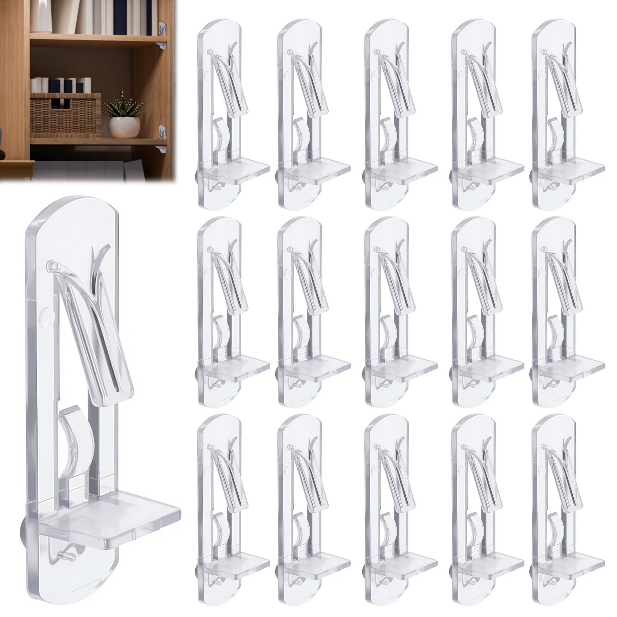 Photo 1 of Ojeemii 20PCS Plastic Locking Shelf Support Pegs, 6.9mm Self-Locking Shelf Pins, Plastic Cabinet Shelf Clips, Clear Bracket Clips for Kitchen, 6.9mm Peg x 3/4" Thick Shelves