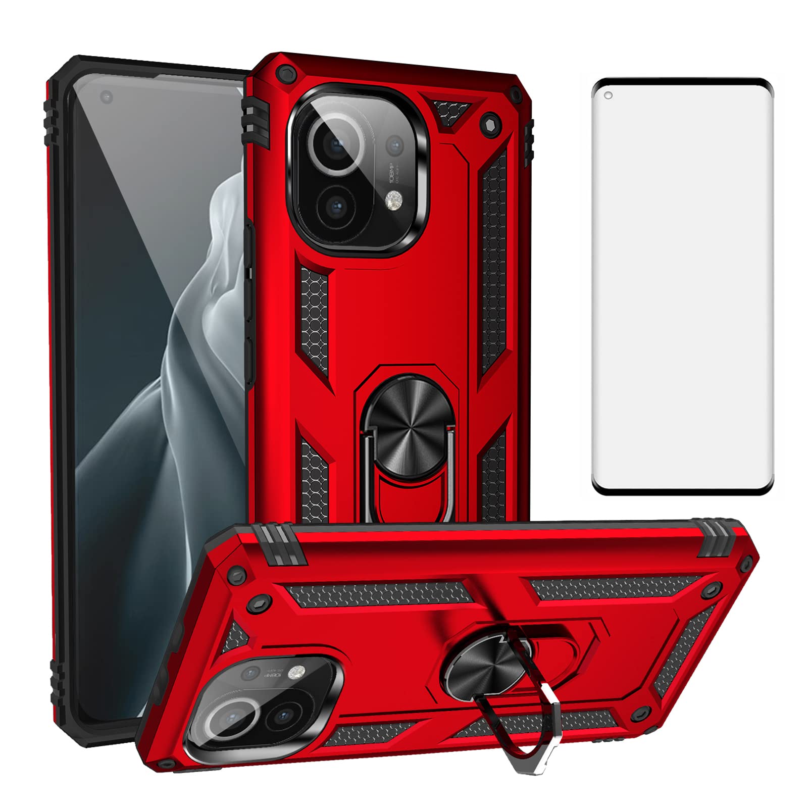 Asuwish Phone Case for Xiaomi Mi 11 5G with Tempered Glass Screen Protector Cover Magnetic Stand Ring Holder Accessories Heavy Duty Rugged Protective Shockproof silicon Mi11 G5 Women Men Red