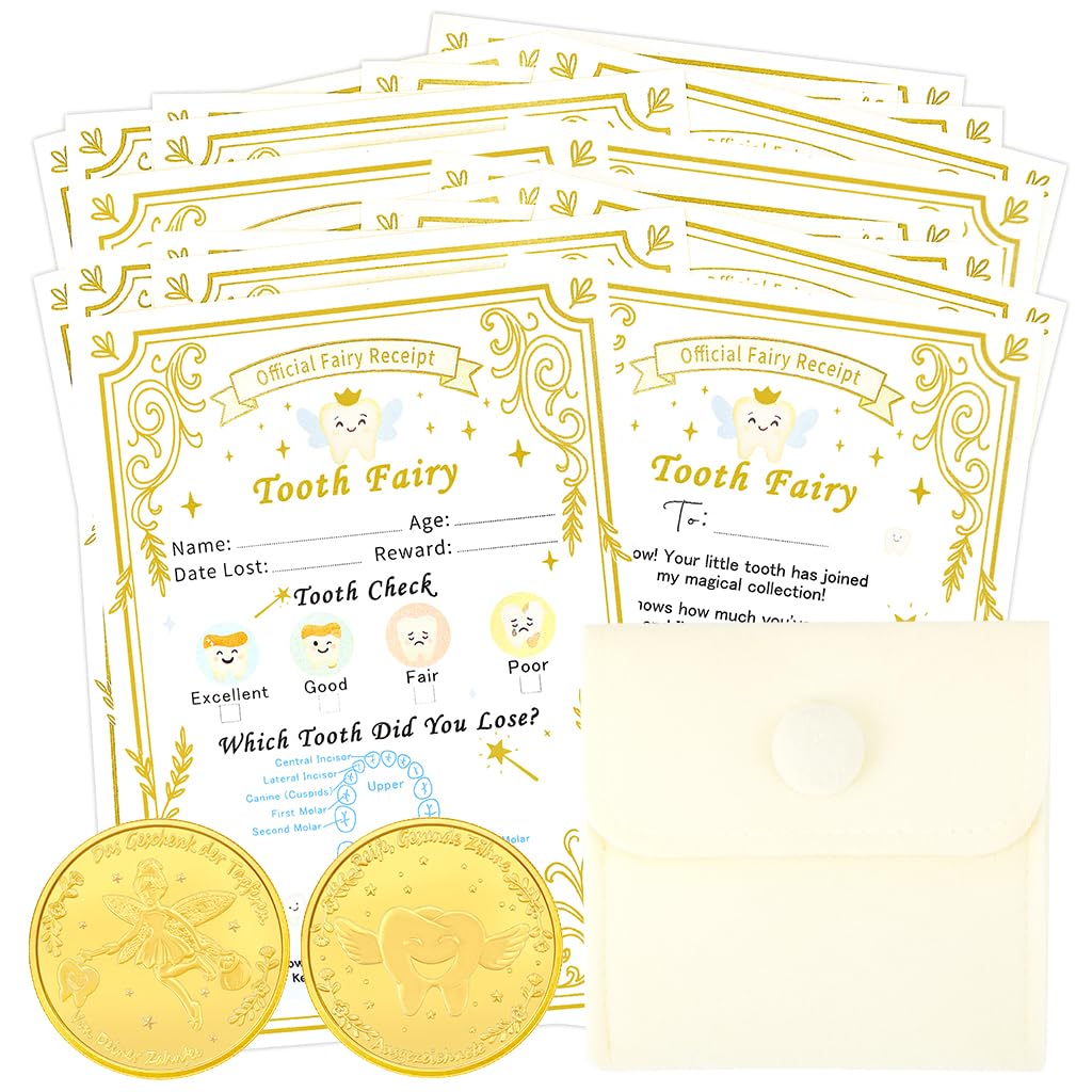 WALLFID Tooth Fairy Kit, Includes 20 Tooth Fairy Receipts,1 Tooth Fairy Coin,1 Tooth Fairy Bag, Perfect for Boys and Girls, Essential Tooth Fairy envelopes