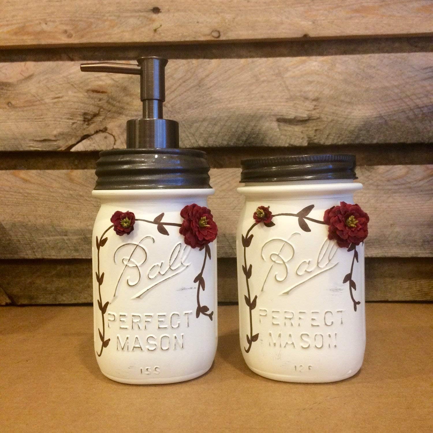 Cottage Chic Ivory and Burgundy Vintage Mason Jar Bathroom Set with Soap Dispenser and Toothbrush Holder