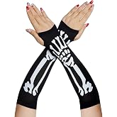 Hmxpls Halloween Skeleton Fingerless Gloves, Skeleton Arm Warmers Sleeves, Skull Bone Hand Gloves Costume Accessories