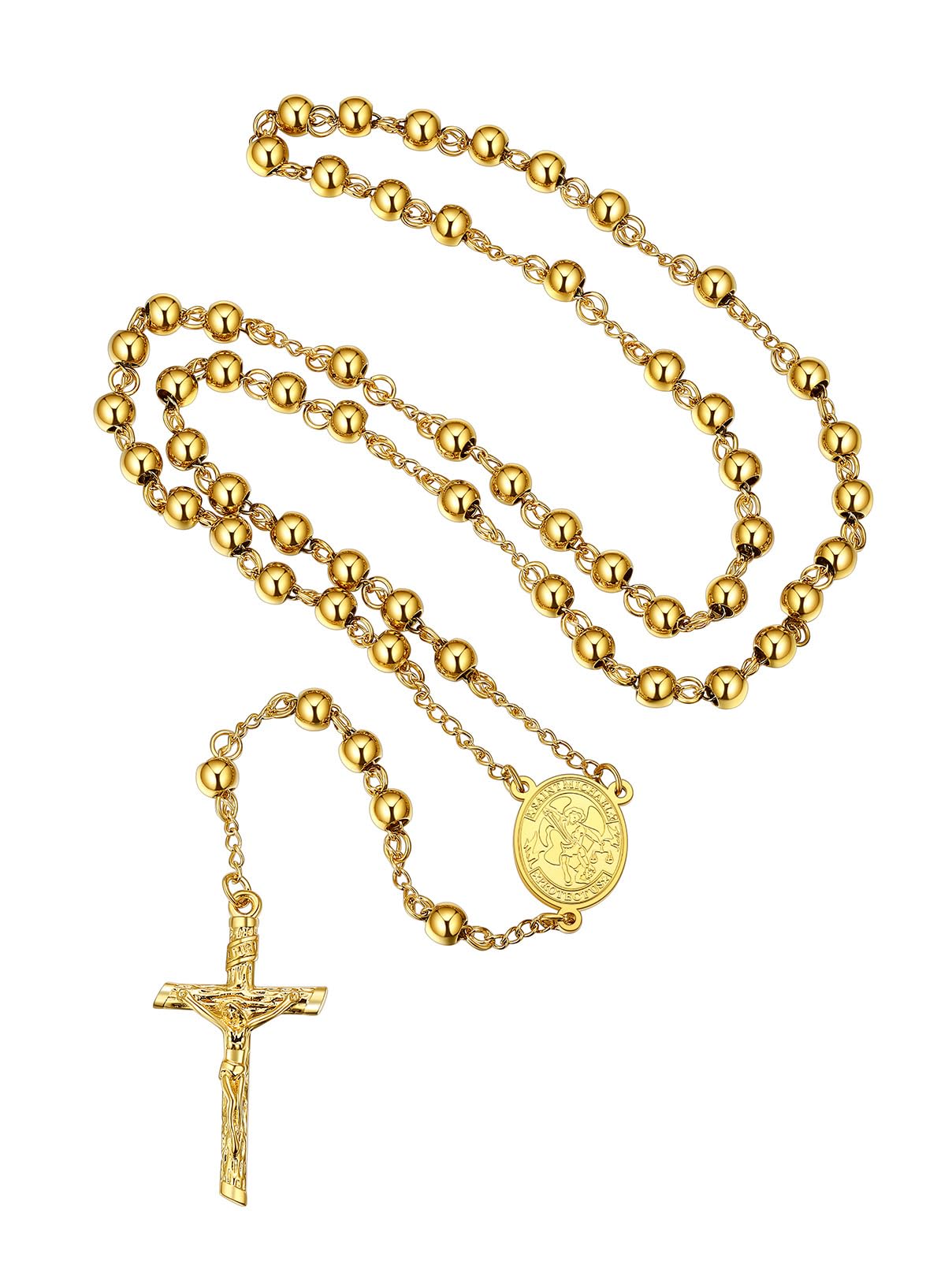 FaithHeart Archangel Michael Pendant Gold Rosemary Beads Rosary Chain Stainless Steel Crucifix Cross Jesus Necklace for Women Girls