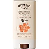 Hawaiian Tropic Weightless Hydration Sunscreen Stick SPF 60+ | Travel Size Sunscreen for Face and Body, Mini Sunblock Stick, Beach Essentials, Oil Free, Non Comedogenic Dermatologist Tested, 0.5oz