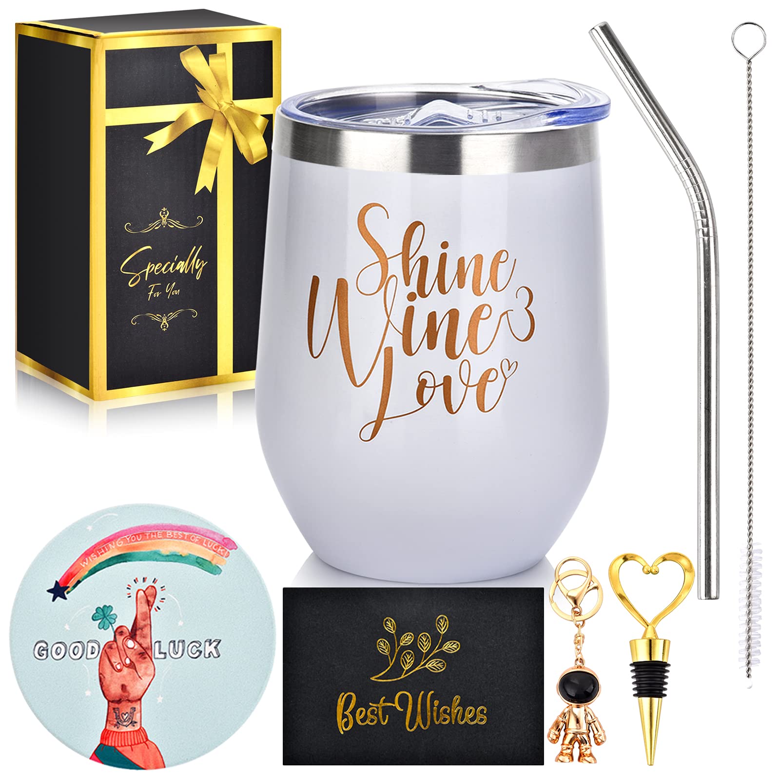 ONMIER Women Men Gifts - Birthday Valentines Day Christmas Holiday for Ladies, Coworkers and Friends - 12 oz Wine Tumbler Cup Set, Thank You Anniversary Appreciation Farewell Present (White 02)