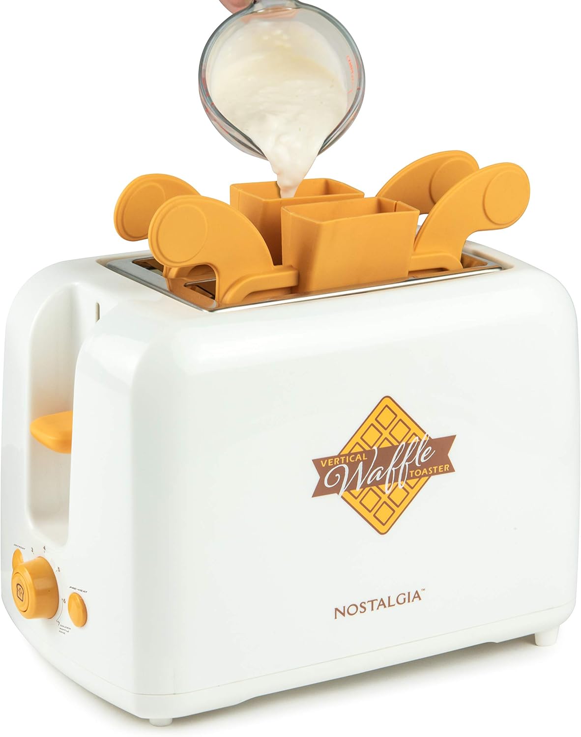 Nostalgia Vertical Waffle Maker, Bakes Two Fresh Batter Waffles at a Time in a Toaster, Removable Dishwasher Safe Silicone Molds, Extra Wide Slots, Adjustable Doneness Dial, Ivory, VWT2IVY
