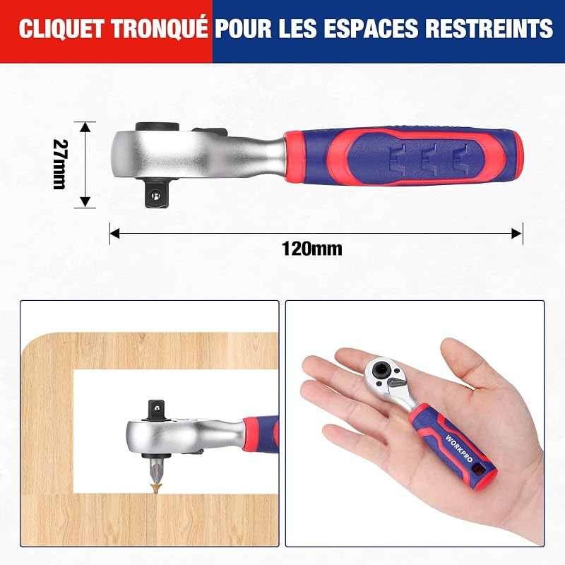 Coffret de Douilles et Embouts 34 Pièces, Mini Clés à Cliquet 1/4" Double Tête 2-en-1, Tournevis à Embouts Magnétique, 2 Rallonges et Joint Universel, Outils de Réparation pour Vélos Voitures
