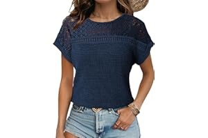 Dokotoo Women's Tops Casual Crewneck Short Sleeve Waffle Knit Hollow Out Shirts Loose Tunic Tops Blouses