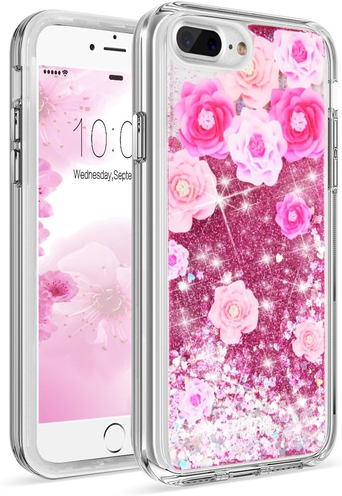 LUXMO PREMIUM Waterfall Case for iPhone 7 Plus/ 8 Plus,Quicksand Sparkling Durable Anti-Scratch Shockproof Protection Bumper Cover Case 5.5 inch for iPhone 8/7/6S/6 Plus-Pink Peony