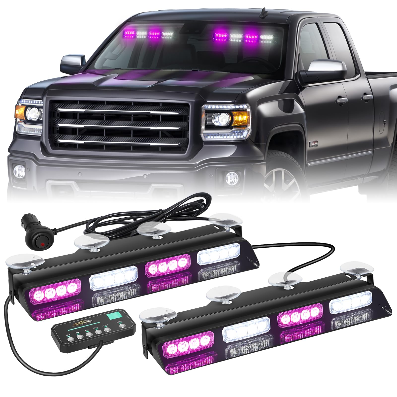 XRIDONSEN Purple White Emergency Dash Strobe Lights Safety Flashing Warning Hazard Interior Front/Rear Windshield Light Bar Deck Split w/Suction Cups for escort Vehicles Trucks (2x14 inch, 32 LED) Image